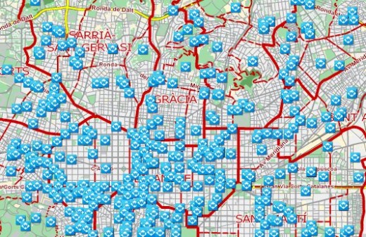 This map of the free Wi-Fi hotspots in Barcelona shows how effective it would be to tap into the power in the signals